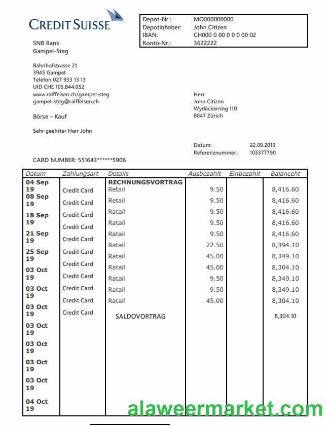 Switzerland Credit Suisse bank proof of address statement template in Word and PDF format (.doc and .pdf)